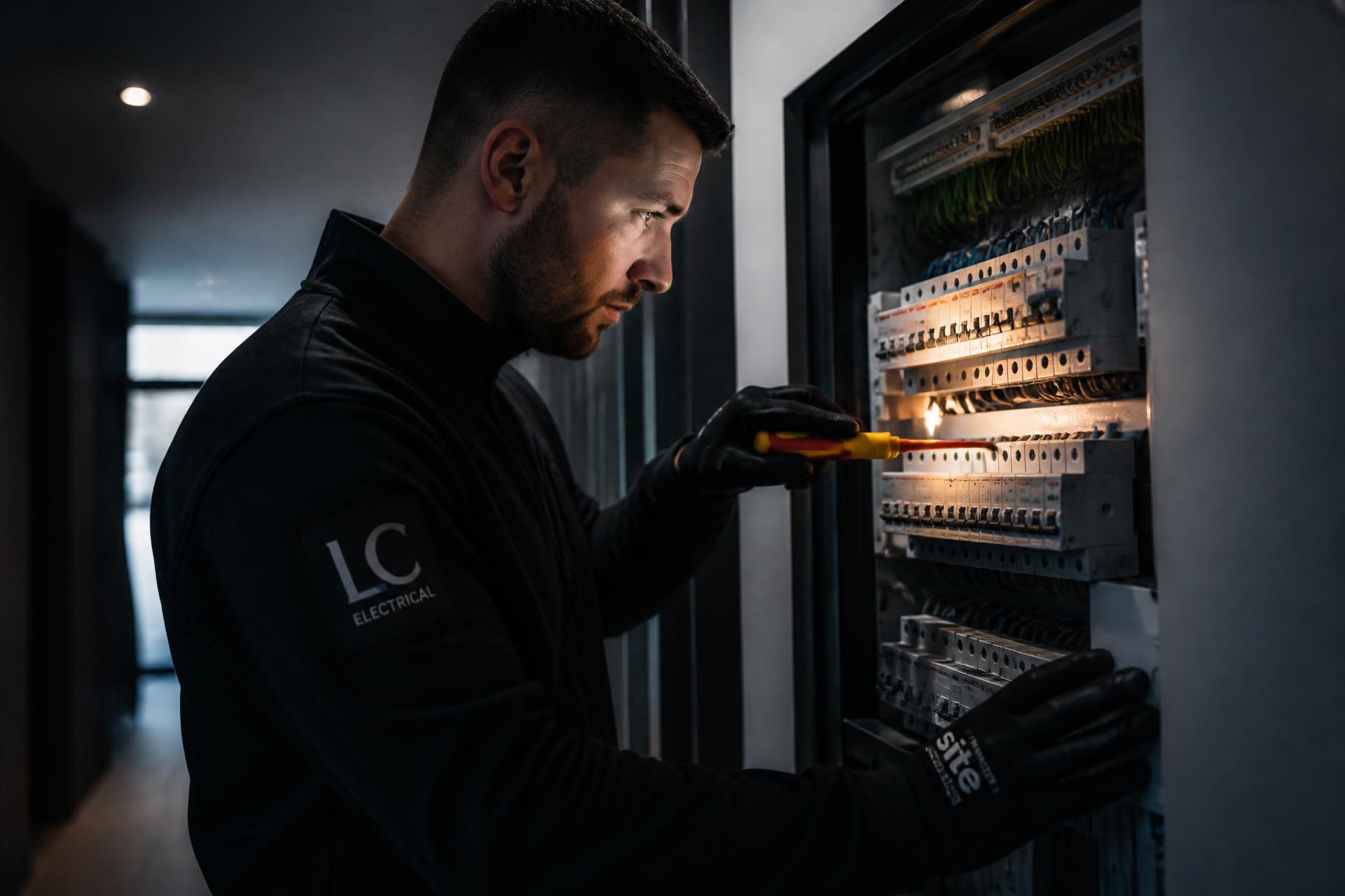 Professional electrician working in a modern UK property